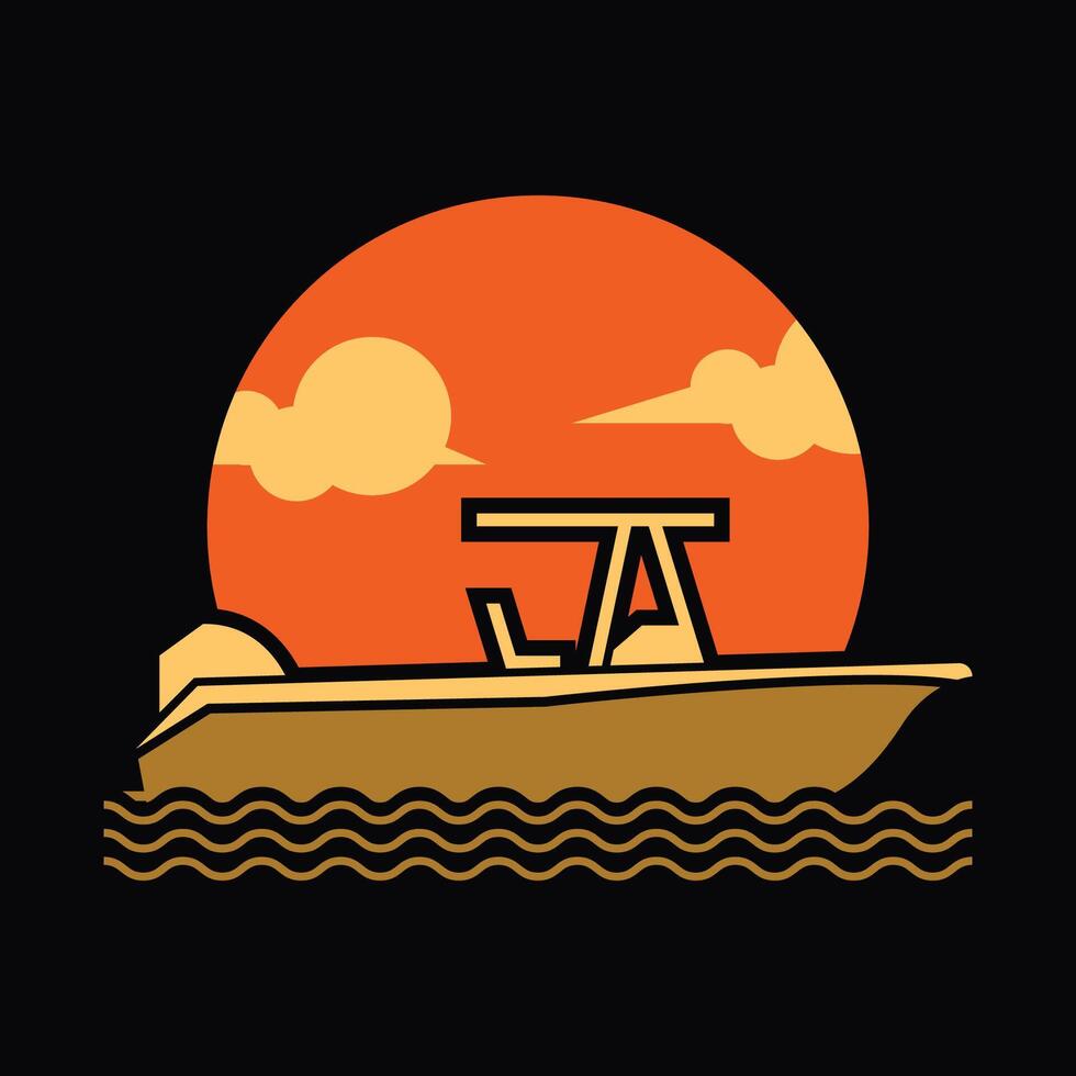 simple speedboat illustration with sunset on black background vector