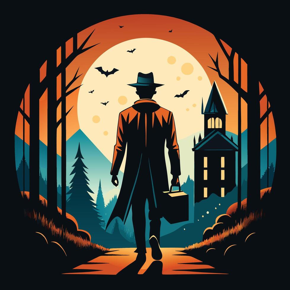 Spooky Haunted House at Dusk with Lone Silhouette and Bats. Halloween Art vector