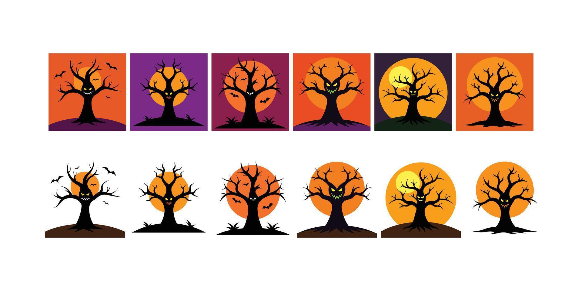 Halloween tree set background and without background vector