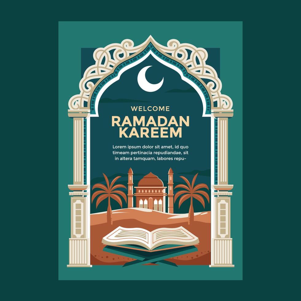Ramadhan kareem Poster Template with Mosque and Holy Quran Background vector