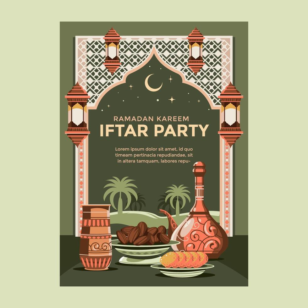 Iftar Party at Ramadhan Kareem Poster Template with food, drink, date fruit, mosque and moon background vector