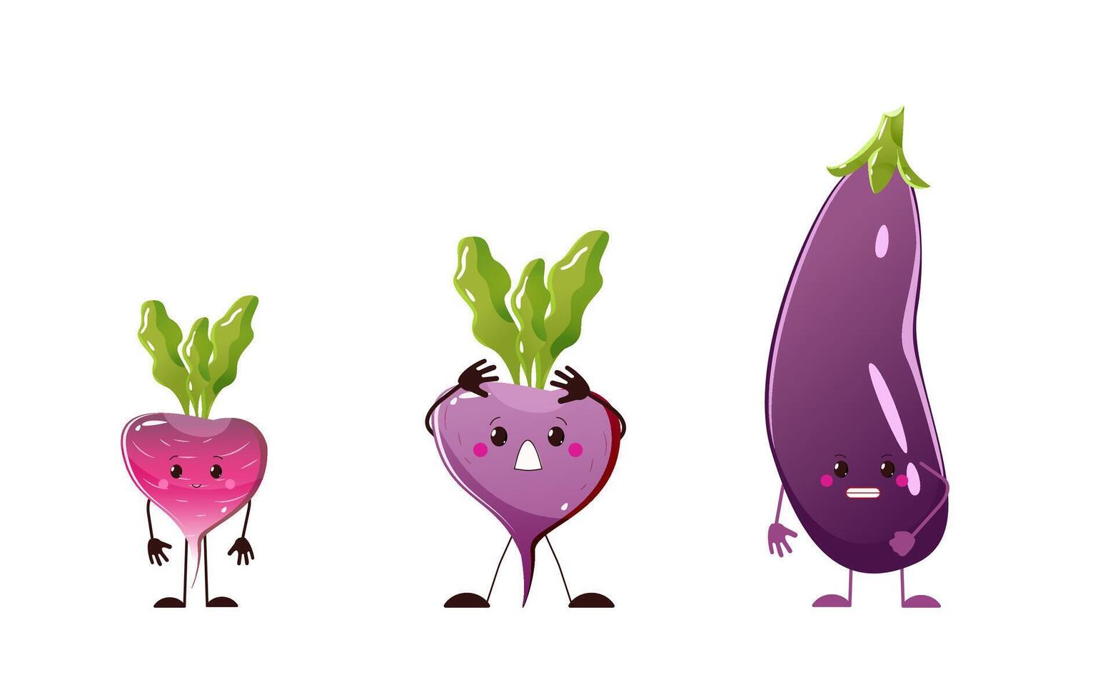 Purple veggie characters. eggplant beetroot radish. healthy food vegetarian vegetable. isolated illustration vector