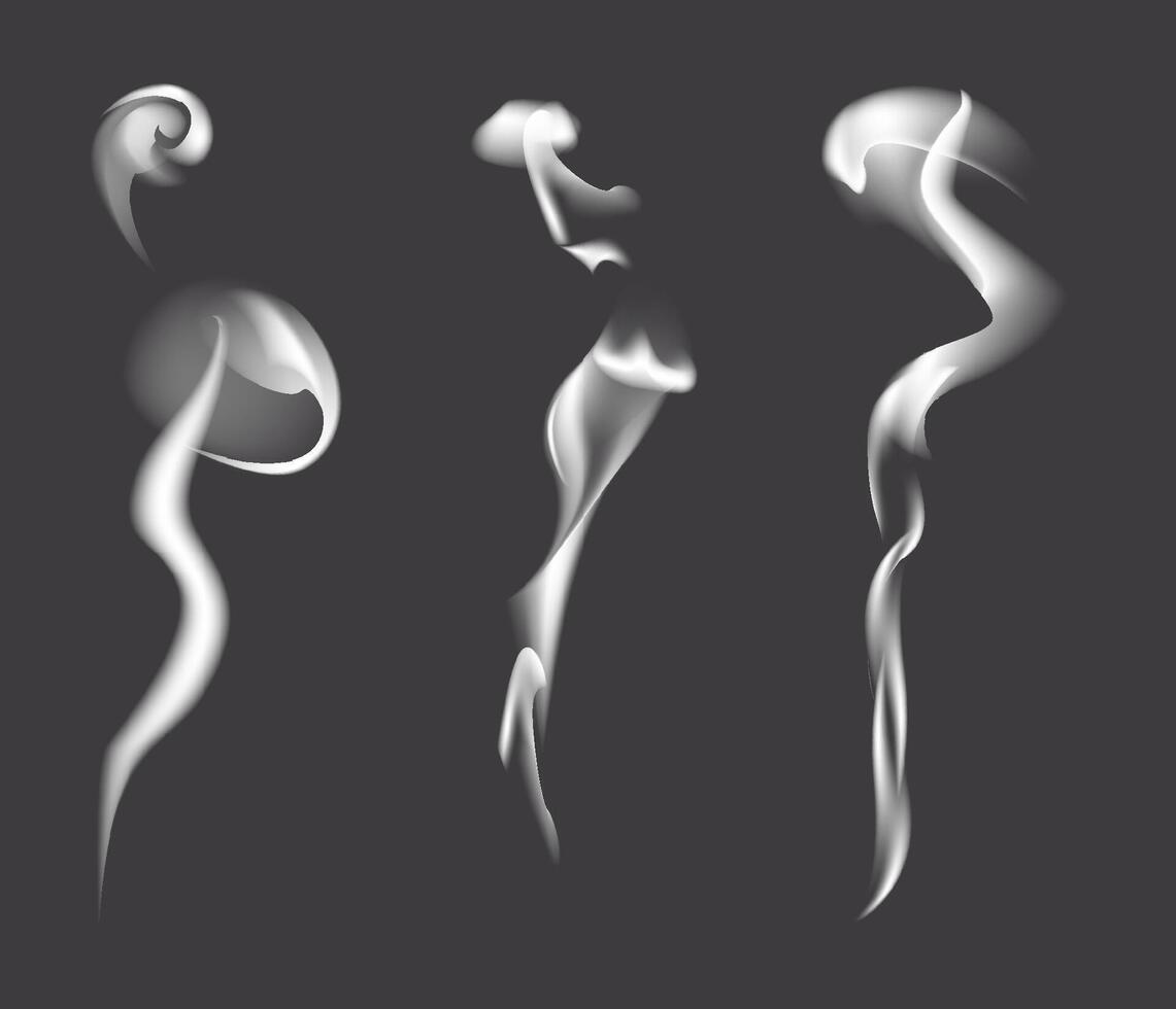 Set of realistic smoke pattern or fire steam effect isolated on dark background. White smoke or misty fog with overlay texture. Transparent smoke or cloud set as weather element. Chimney smoke vector