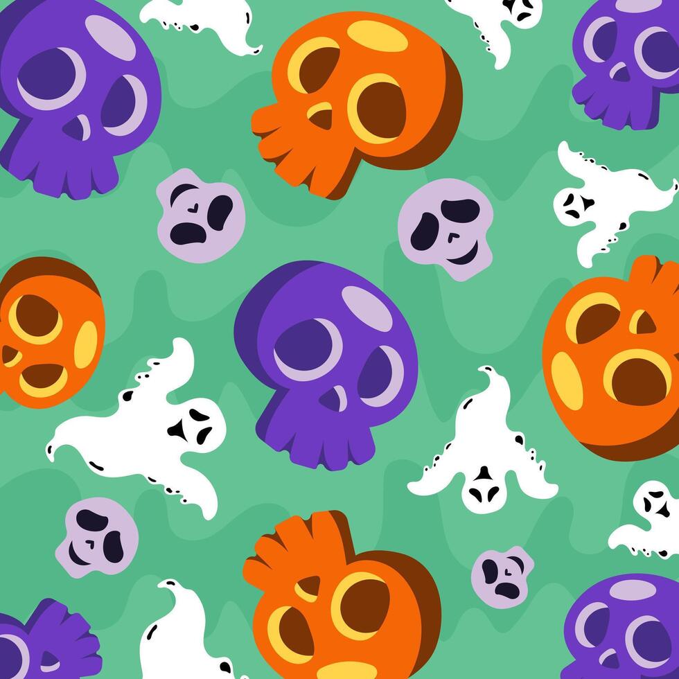 Skulls and Ghosts, halloween design. Trick or treats, scary, skeleton, pattern for background, frightening, spook, specter, spirit, fearful. illustration vector