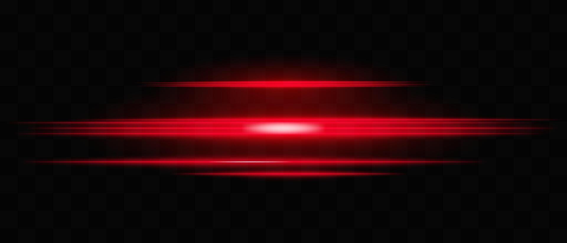 Horizontal red neon light streaks isolated on dark background. Bright glowing lines with motion blur effect. Graphical patch of reflected light. Abstract rays. illustration. vector