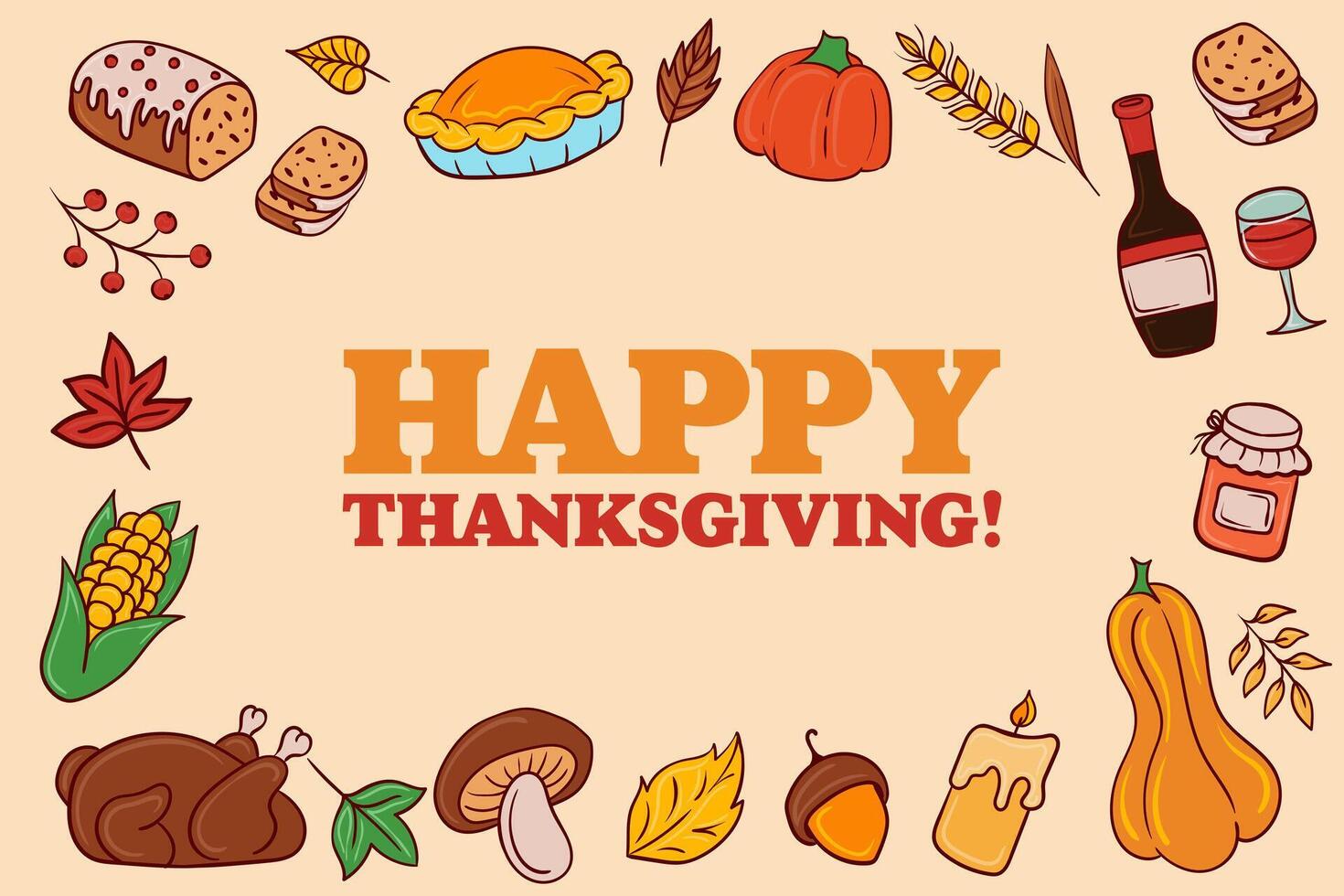 Thanksgiving banner. Happy Thanksgiving with fall-themed food, autumn harvest symbols, pie, pumpkin, corn, family celebration, cozy gathering. vector