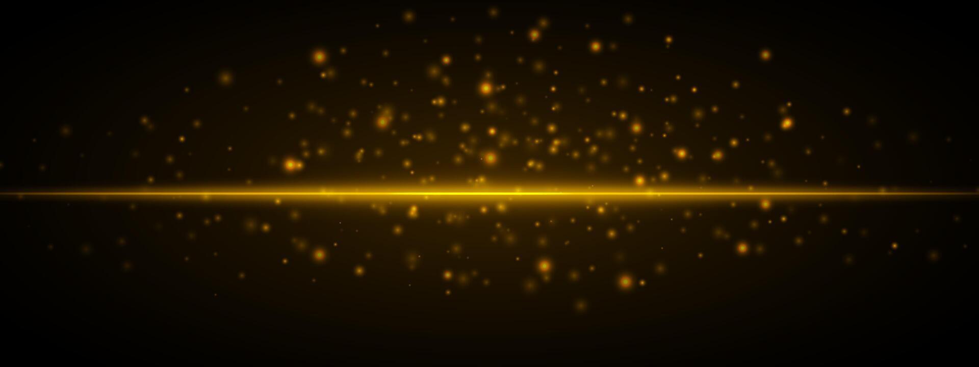 Horizontal yellow light effect isolated on dark background. Neon stripe with bright glowing lines and sparkling particles. Abstract rays. illustration. vector