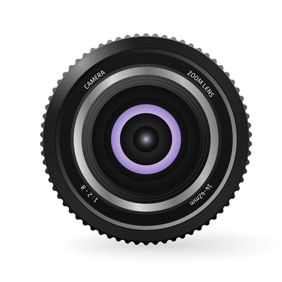 Camera lens. Equipment for professional shooting. Zoom, aperture, focal length, aperture, aberration, resolving power, telephoto, macro, portrait, photographer, photography, gate, shutter vector