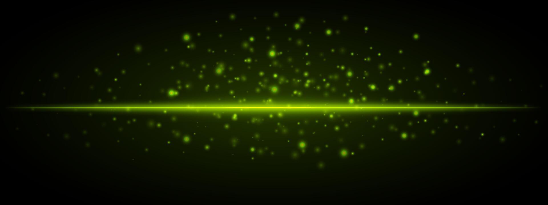 Horizontal green light effect isolated on dark background. Neon stripe with bright glowing lines and sparkling particles. Abstract rays. illustration. vector