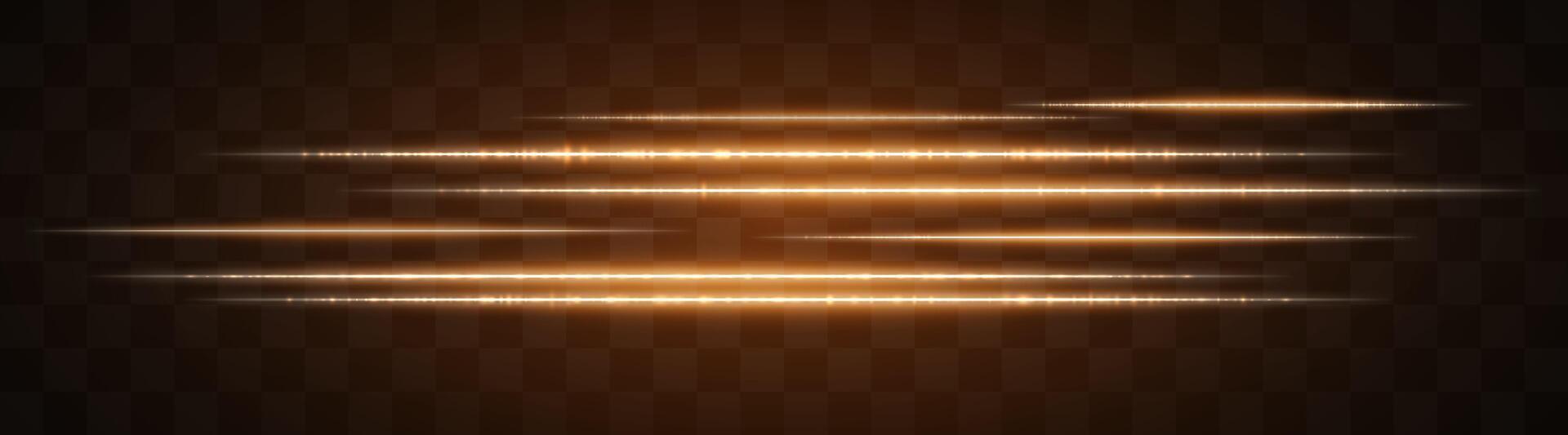 Horizontal golden light effect isolated on transparent background. Graphical patch of reflected light. Neon stripes. Bright glowing lines. Lens flare. Abstract rays. illustration vector