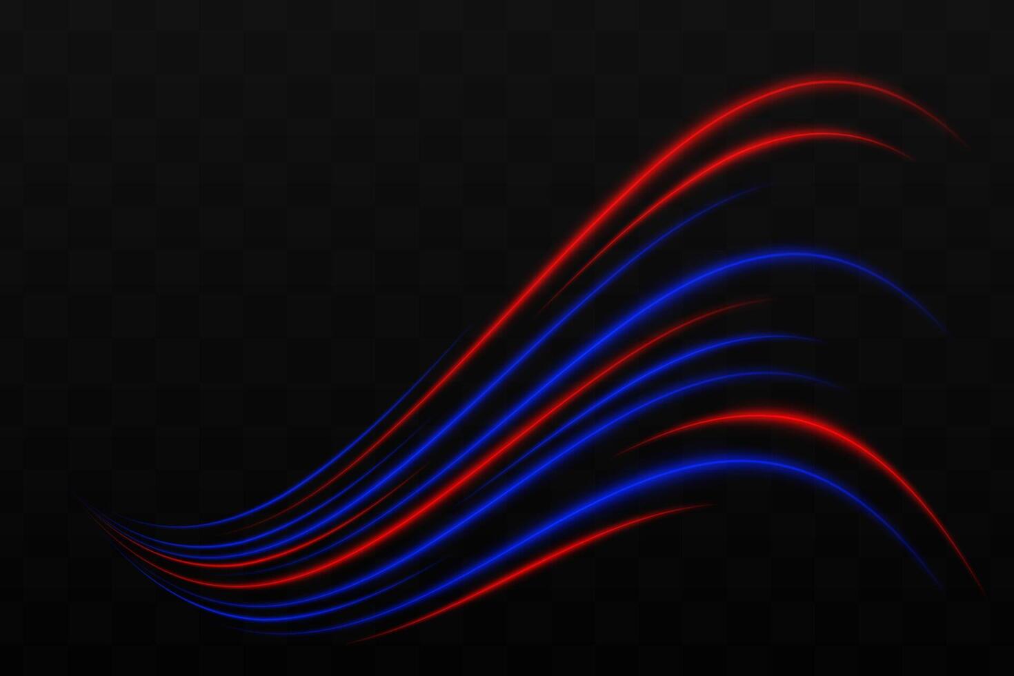 Curved red, blue neon light effect isolated on dark background. Bright glowing neon stripes with lens flare. Graphical patch of reflected light. Abstract rays. illustration. vector