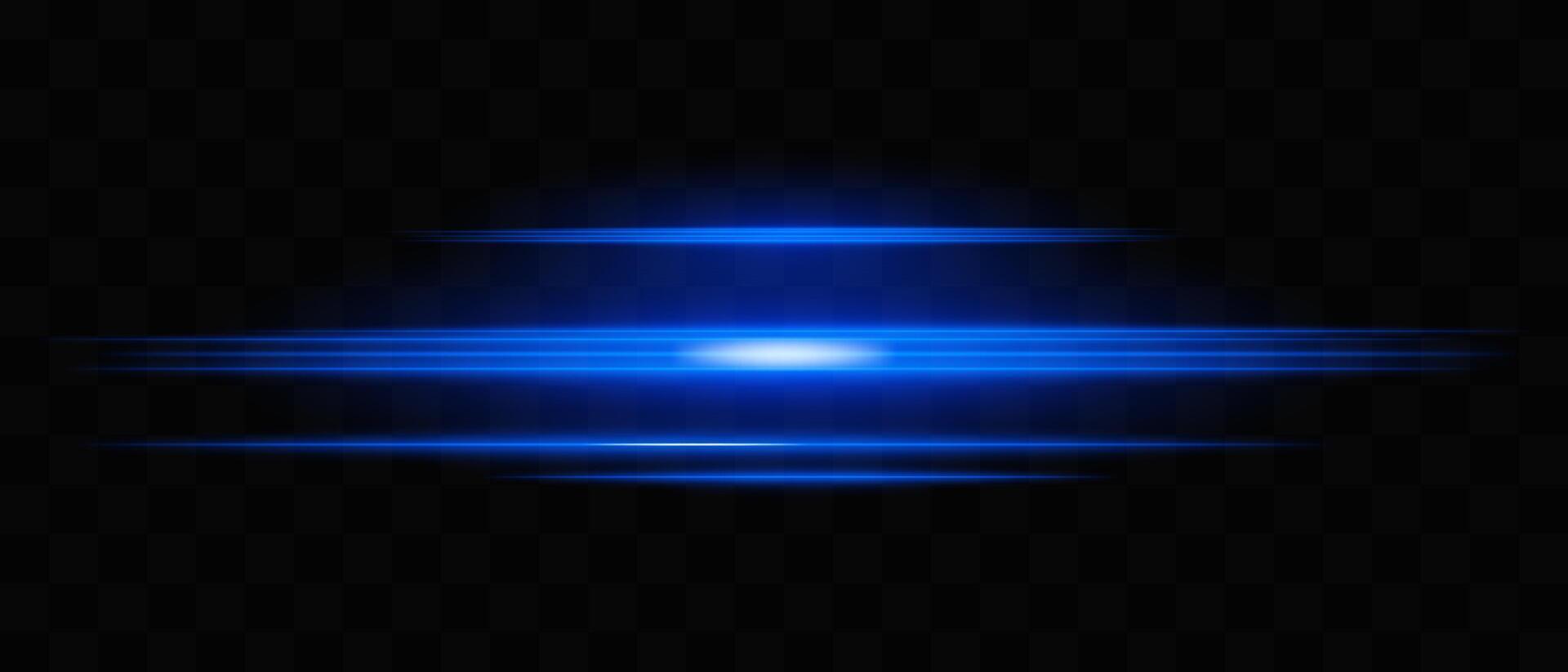 Horizontal blue neon light streaks isolated on dark background. Bright glowing lines with motion blur effect. Graphical patch of reflected light. Abstract rays. illustration. vector