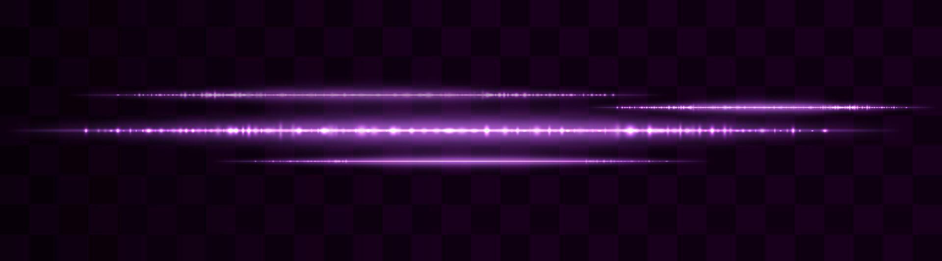 Horizontal purple neon light streaks isolated on transparent background. Bright glowing lines with dotted effects and motion blur. Graphical patch of reflected light. Abstract rays vector