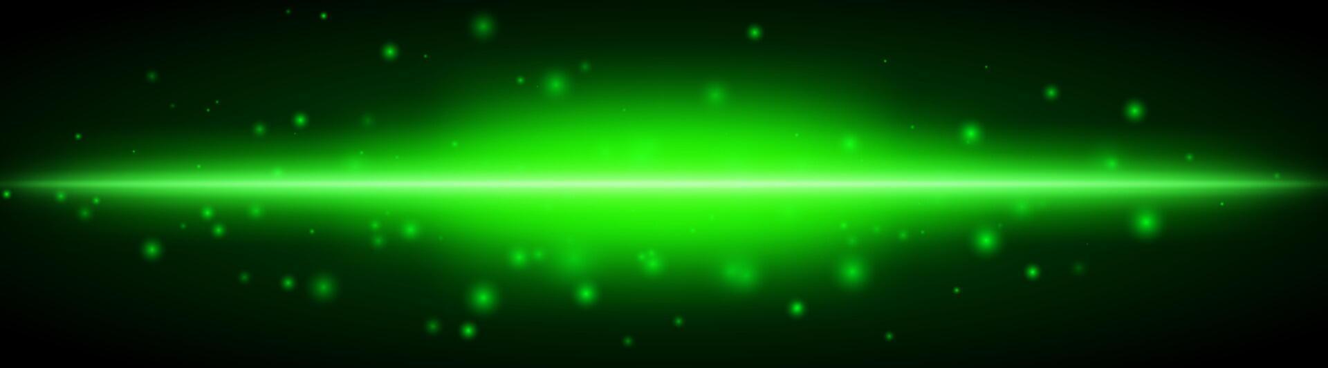 Horizontal green light effect isolated on dark background. Bright glowing beam with sparkles and lens flare. Graphical patch of reflected light. Abstract rays. illustration. vector