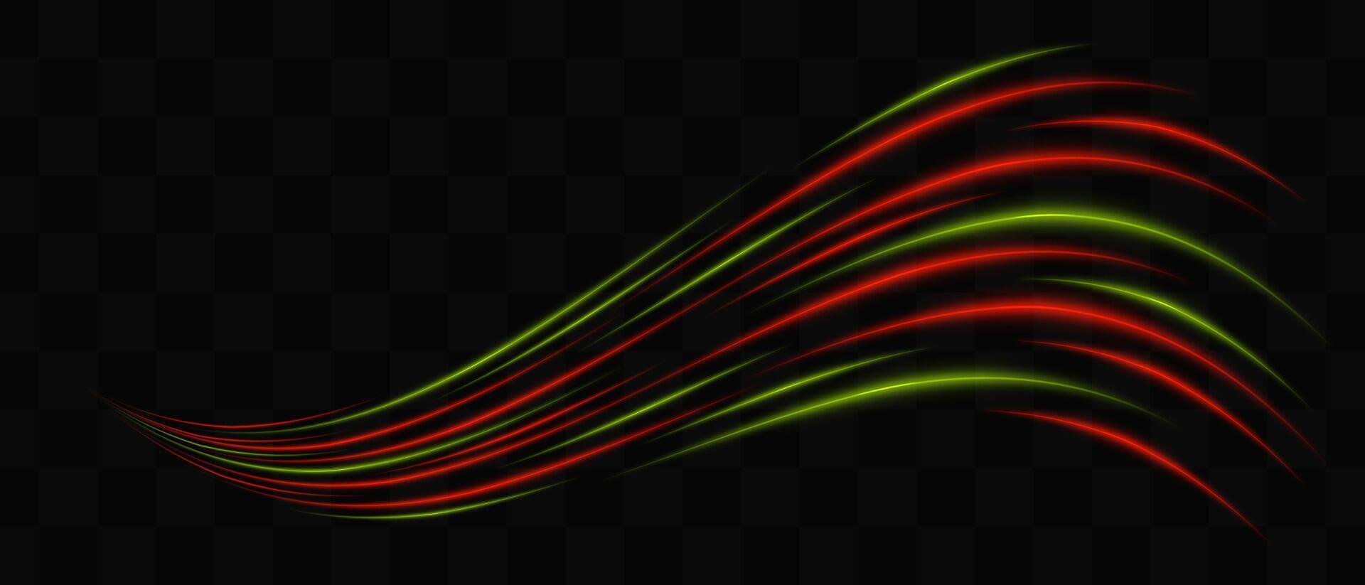 Curved red and green neon light effect isolated on dark background. Flowing, wavy glowing lines with abstract design. Graphical patch of reflected light. Lens flare. illustration. vector