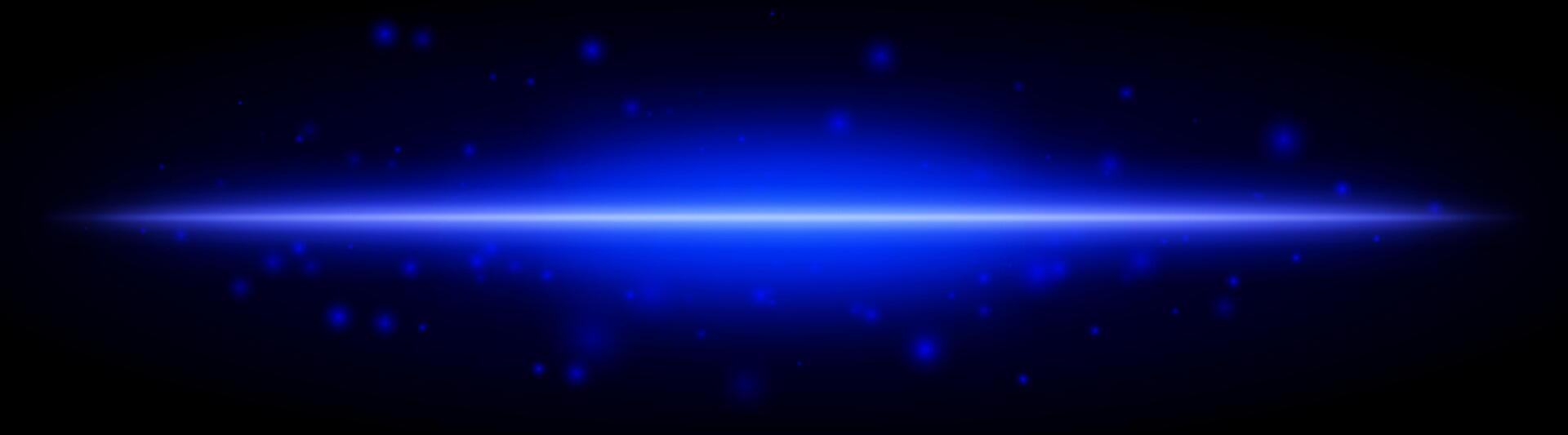 Horizontal blue light effect isolated on dark background. Bright glowing beam with sparkles and lens flare. Graphical patch of reflected light. Abstract rays. illustration. vector