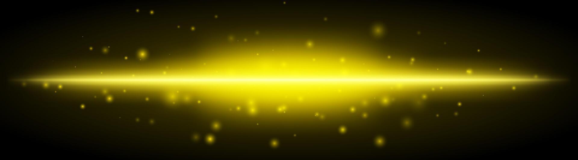 Horizontal yellow light effect isolated on dark background. Bright glowing beam with sparkles and lens flare. Graphical patch of reflected light. Abstract rays. illustration. vector