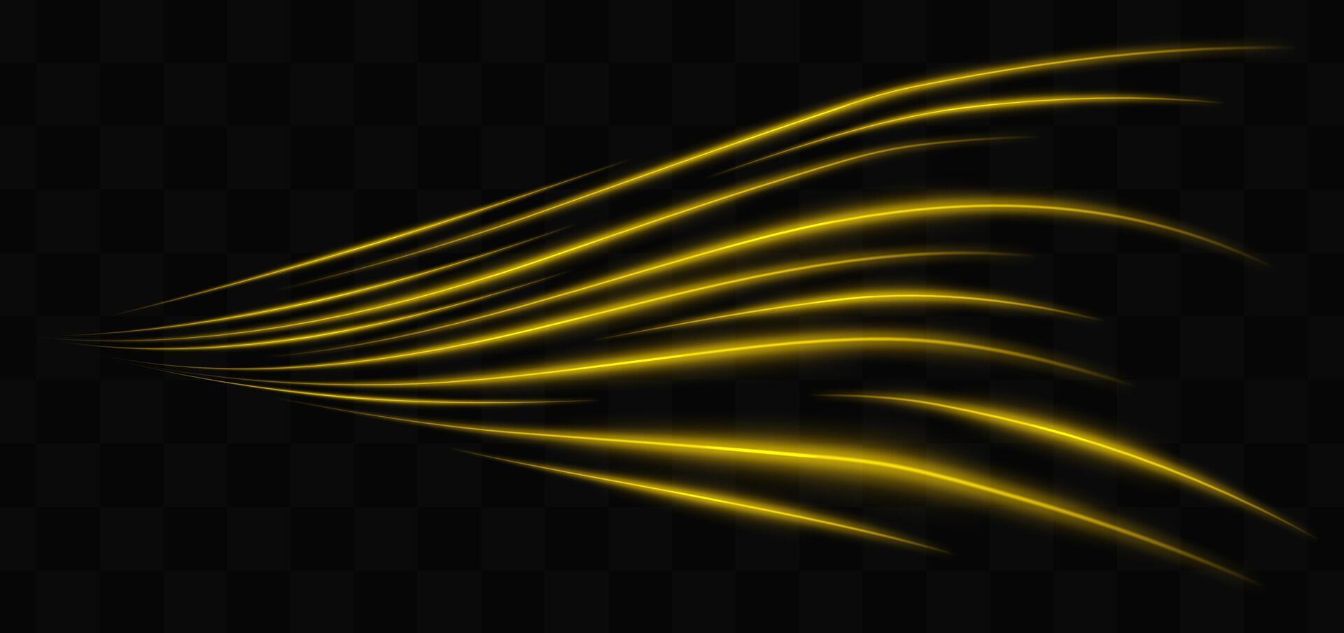 Curved golden neon light effect isolated on dark background. Flowing, wavy glowing lines with abstract design. Graphical patch of reflected light. Lens flare. illustration. vector