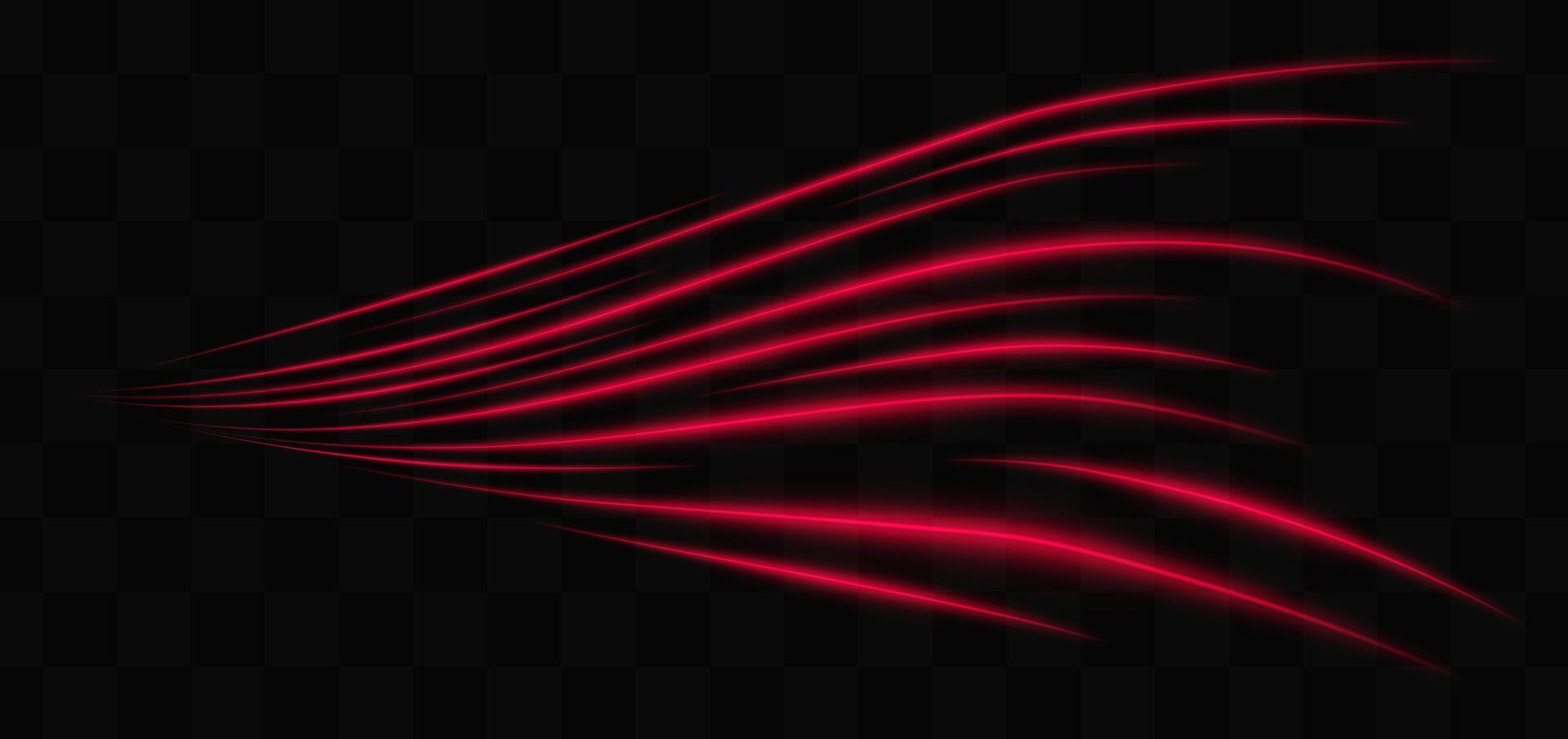 Curved red neon light effect isolated on dark background. Flowing, wavy glowing lines with abstract design. Graphical patch of reflected light. Lens flare. illustration. vector