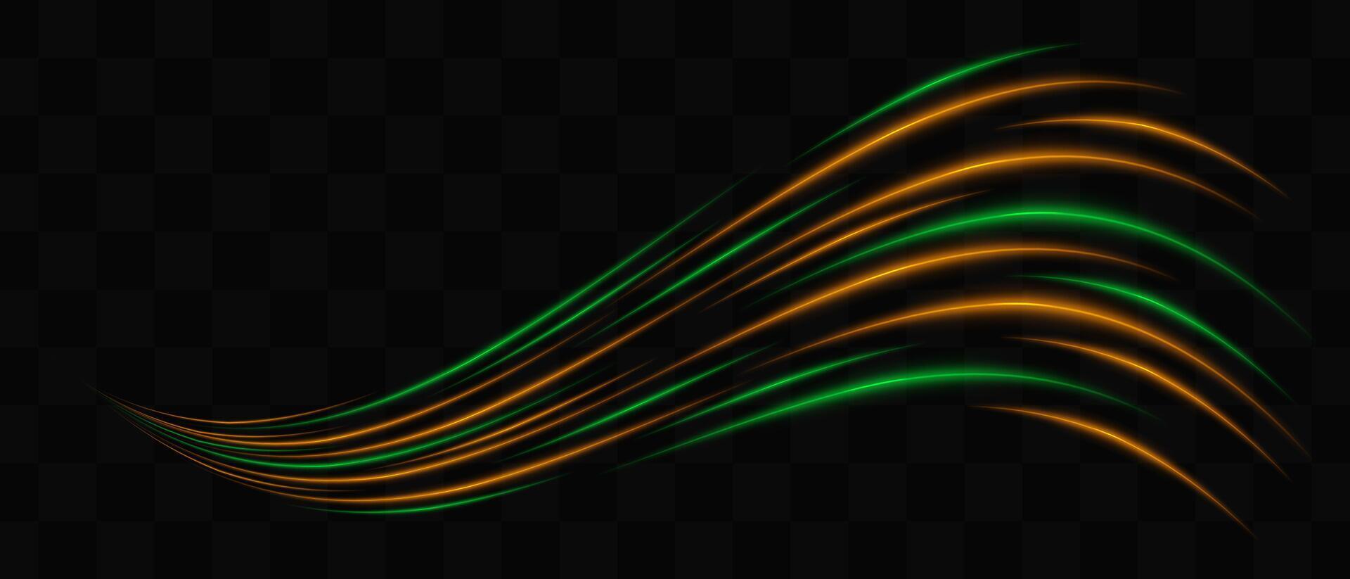Curved green and orange neon light effect isolated on dark background. Flowing, wavy glowing lines with abstract design. Graphical patch of reflected light. Lens flare. illustration. vector