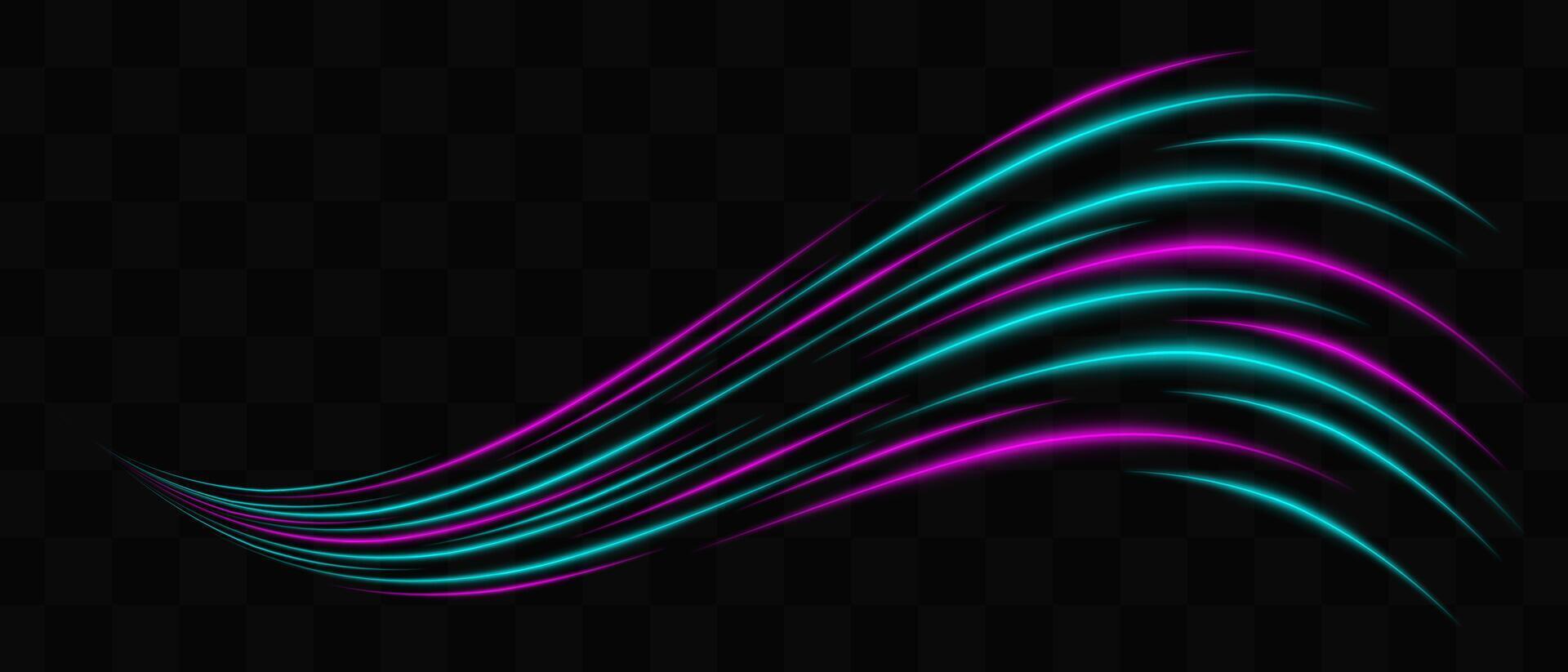 Curved purple and blue neon light effect isolated on dark background. Flowing, wavy glowing lines with abstract design. Graphical patch of reflected light. Lens flare. illustration. vector