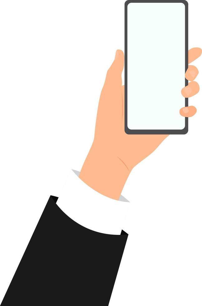 Hand in business suit holding smartphone. vector