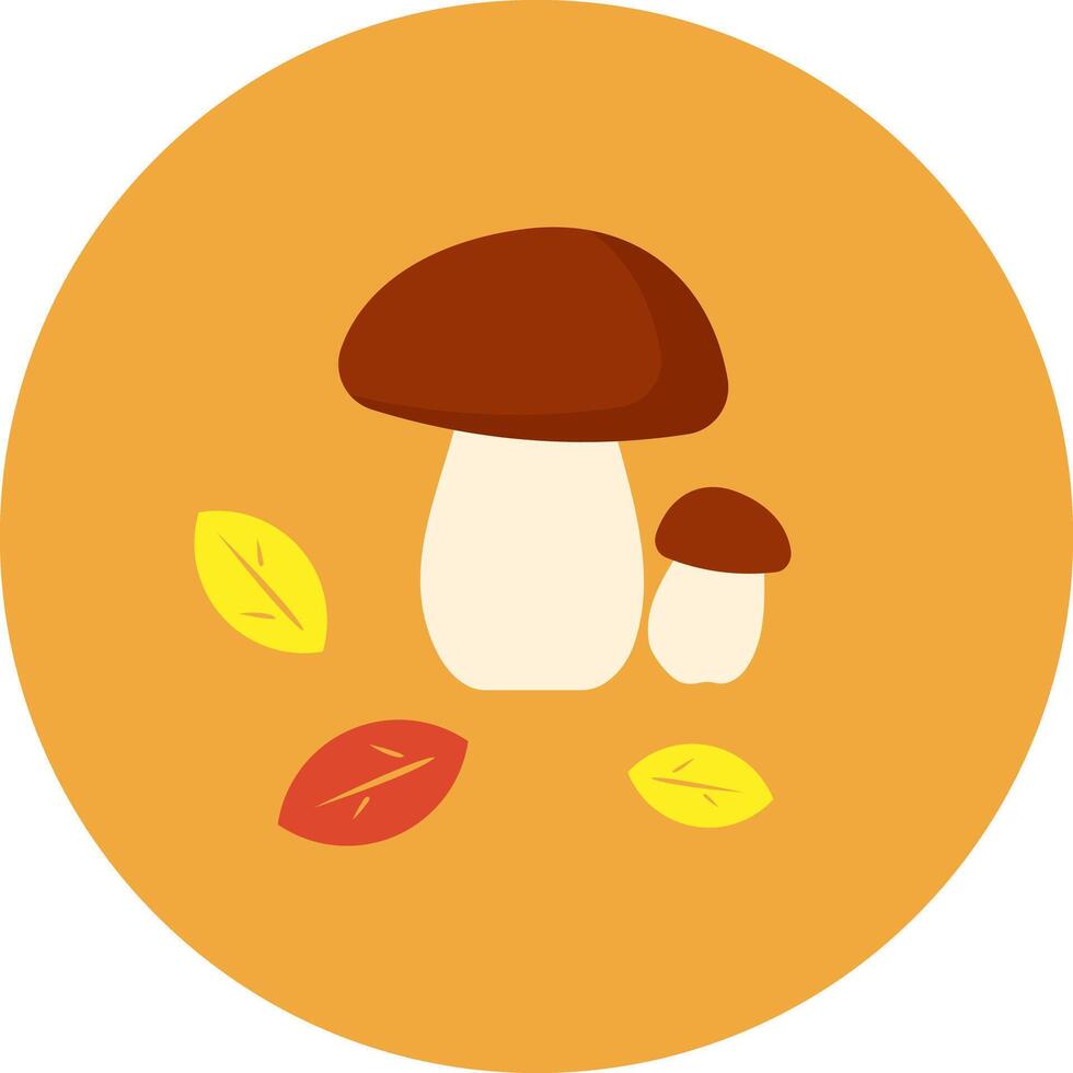 Two mushrooms and autumn leaves on the orange background. vector