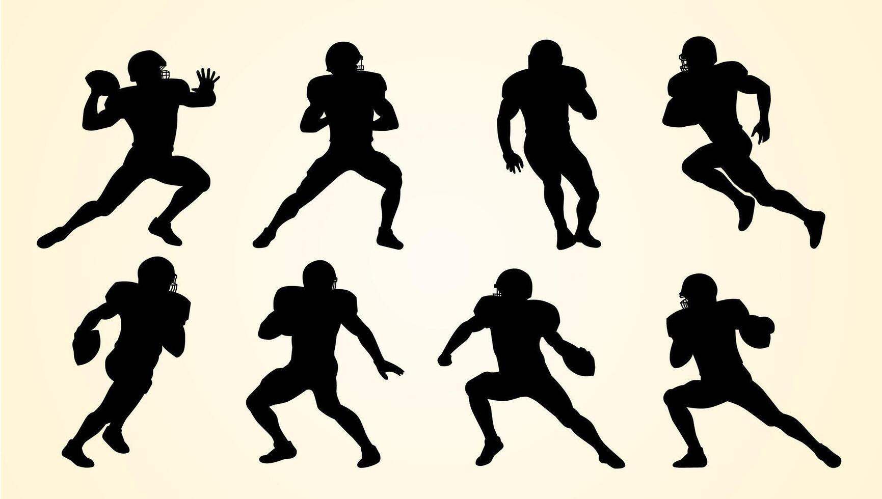 Silhouettes of American football players in various action poses, depicting passing, running, and defensive stances. The figures are shown in dynamic motion, highlighting athleticism and strategy. vector