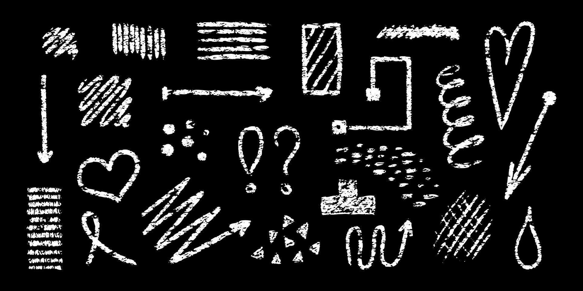 Chalk brush lines, arrows. Crayon grunge elements, circle, heart, abstract, square, frame, cross. Hand drawn pencil scribbles on black background. set vector