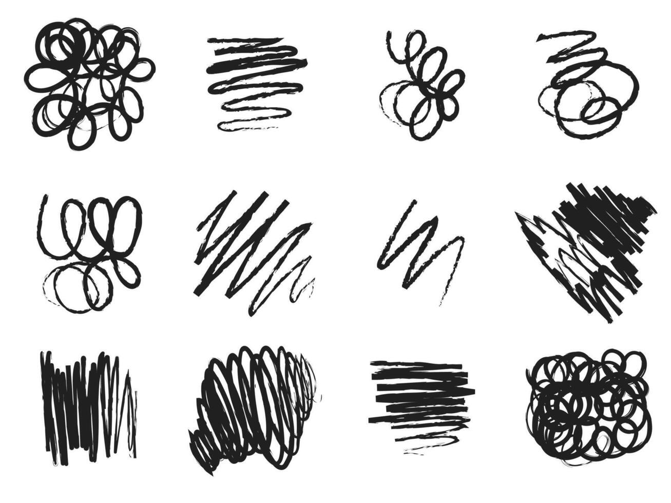 Black charcoal strokes, lines, squiggle, swirls and shapes set. Hand drawn abstract shapes and lines drawn with pencil or charcoal. Circles, scribbles and smears. vector
