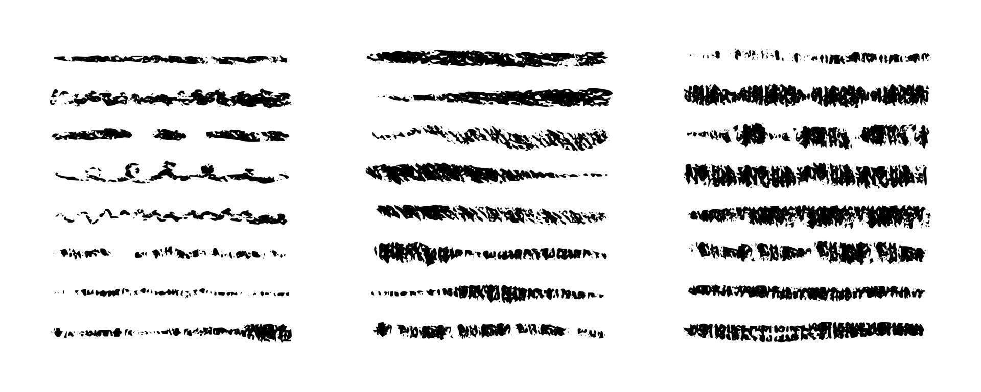 Chalk lines, brush strokes, crayon pencil underlines. Sketch Charcoal straight horizontal lines. Scribble black strokes. Grunge smears, thin and thick dividers. vector