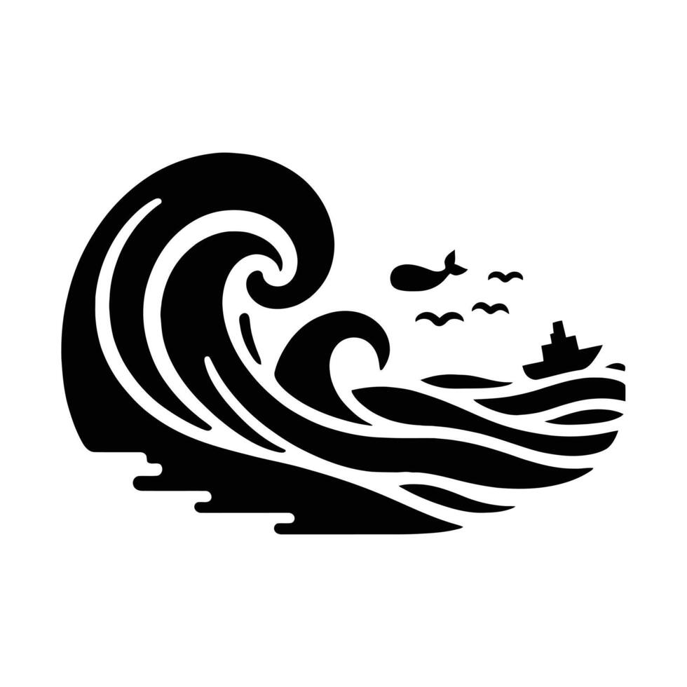 A black and white illustration of a wave and a boat vector