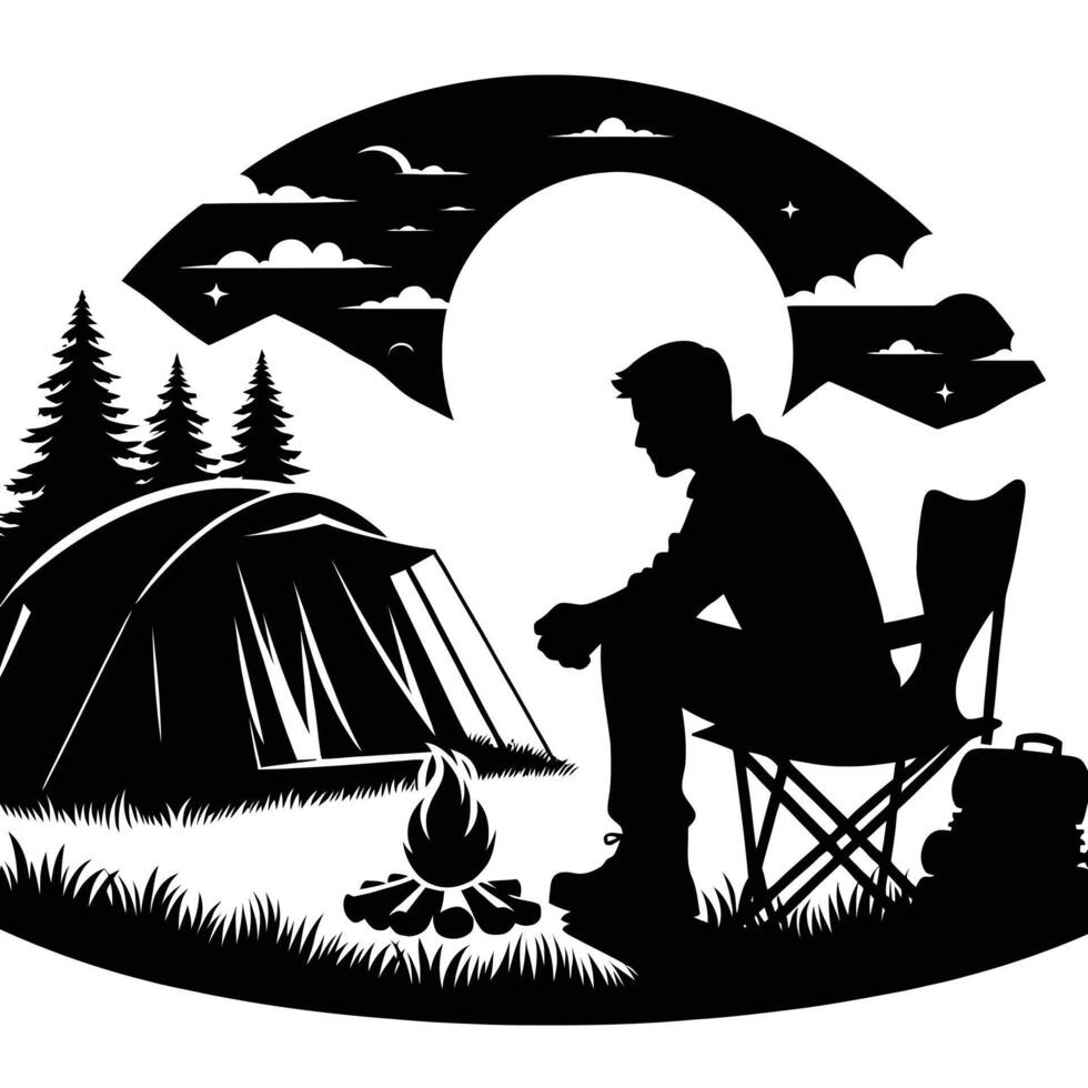 Silhouette of a man sitting in a chair near a campfire vector