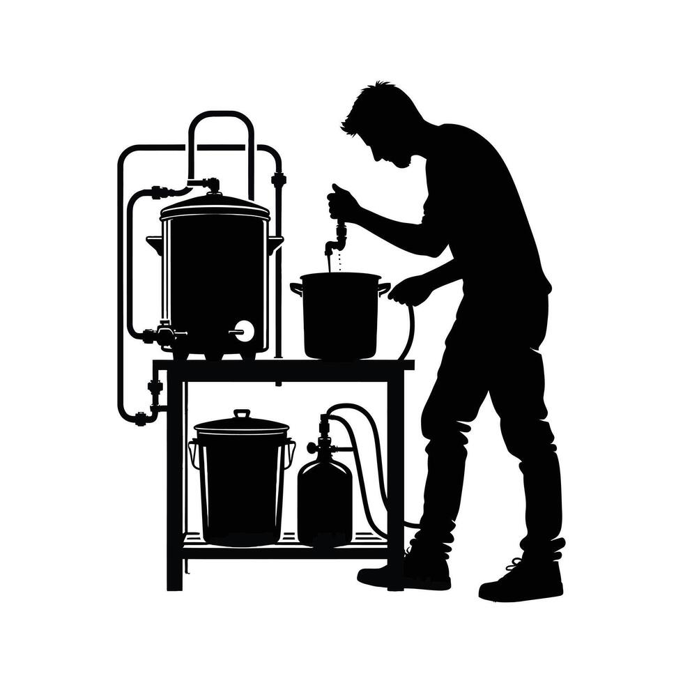A silhouette of a man making beer in a kitchen vector