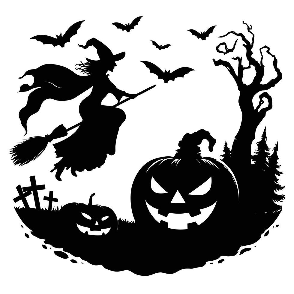 Halloween illustration of a witch flying on a broom vector