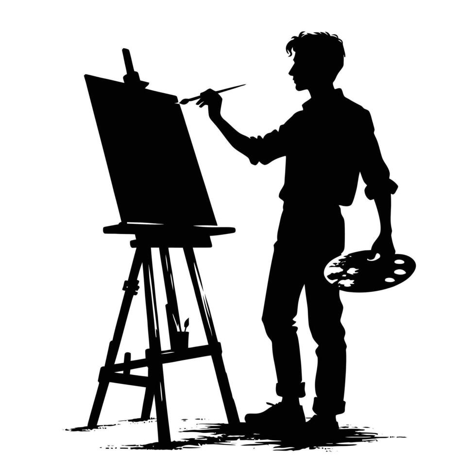 Silhouette of a man holding a paintbrush and easel vector