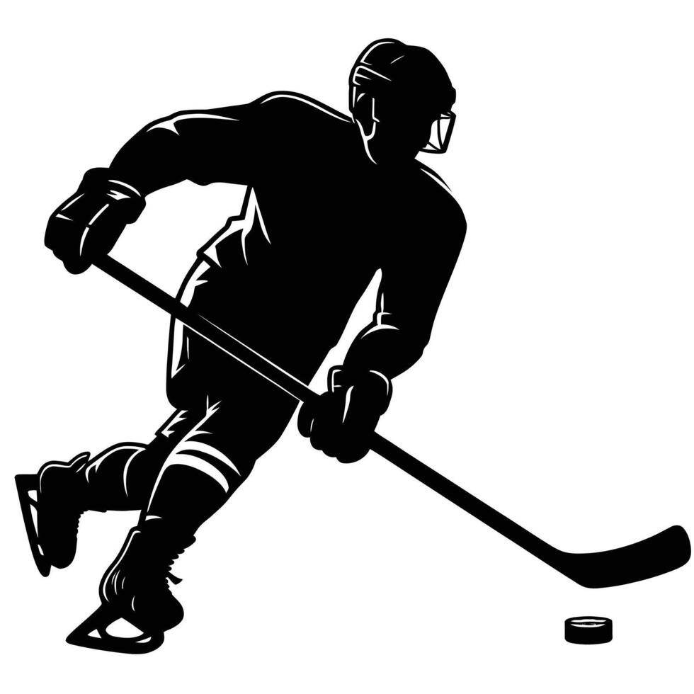 A silhouette of a hockey player with the puck vector