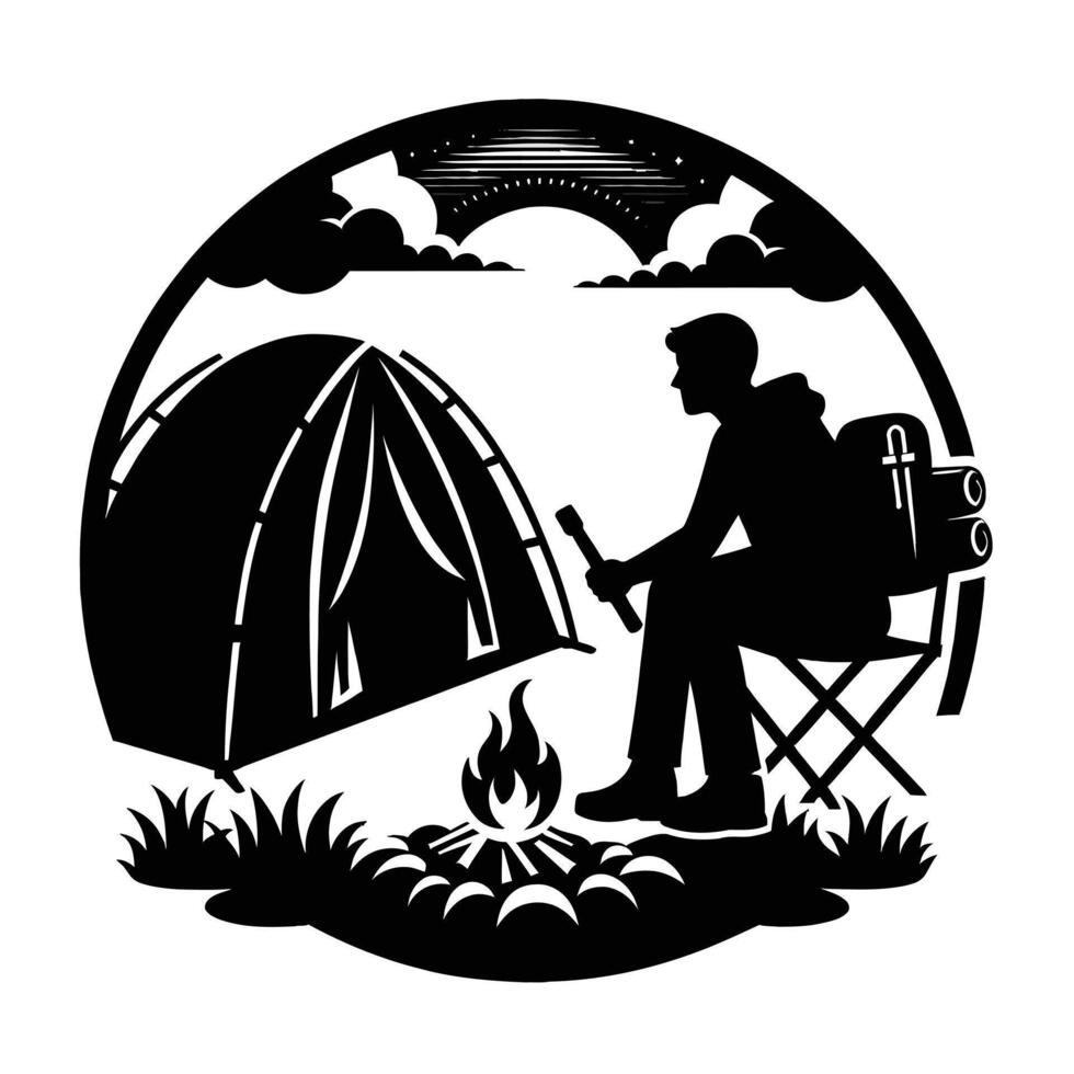 A silhouette of a man sitting near a campfire and a tent vector
