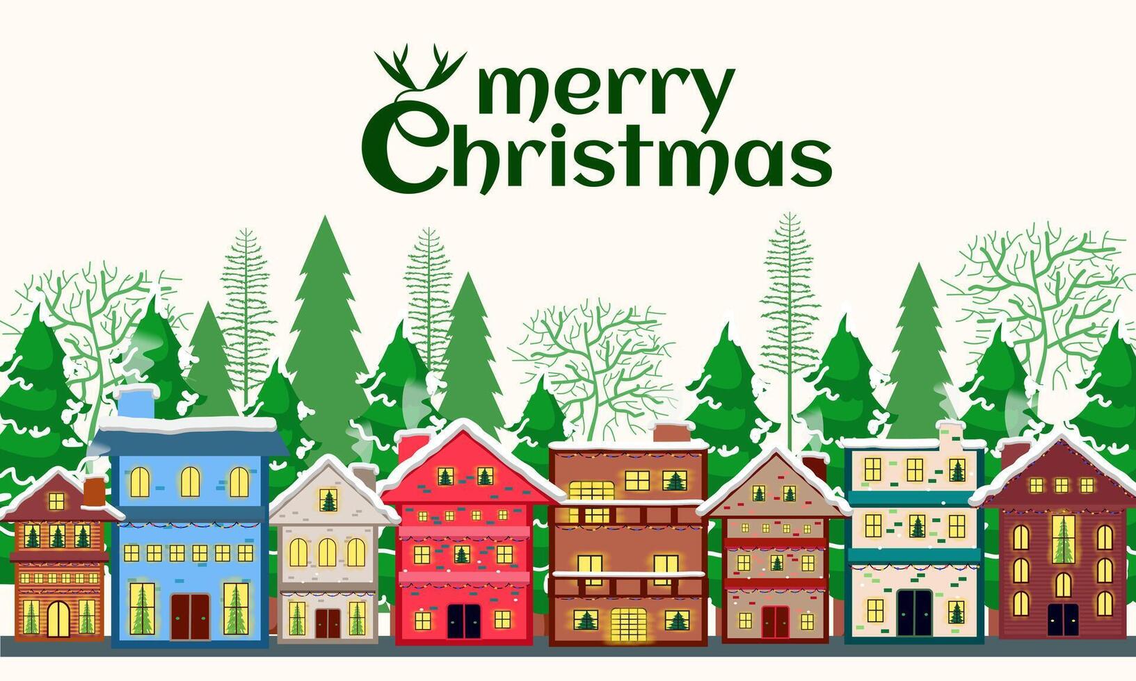 village in winter with the green trees in landscape for christmas editable template greeting card template, landscape christmas background vector