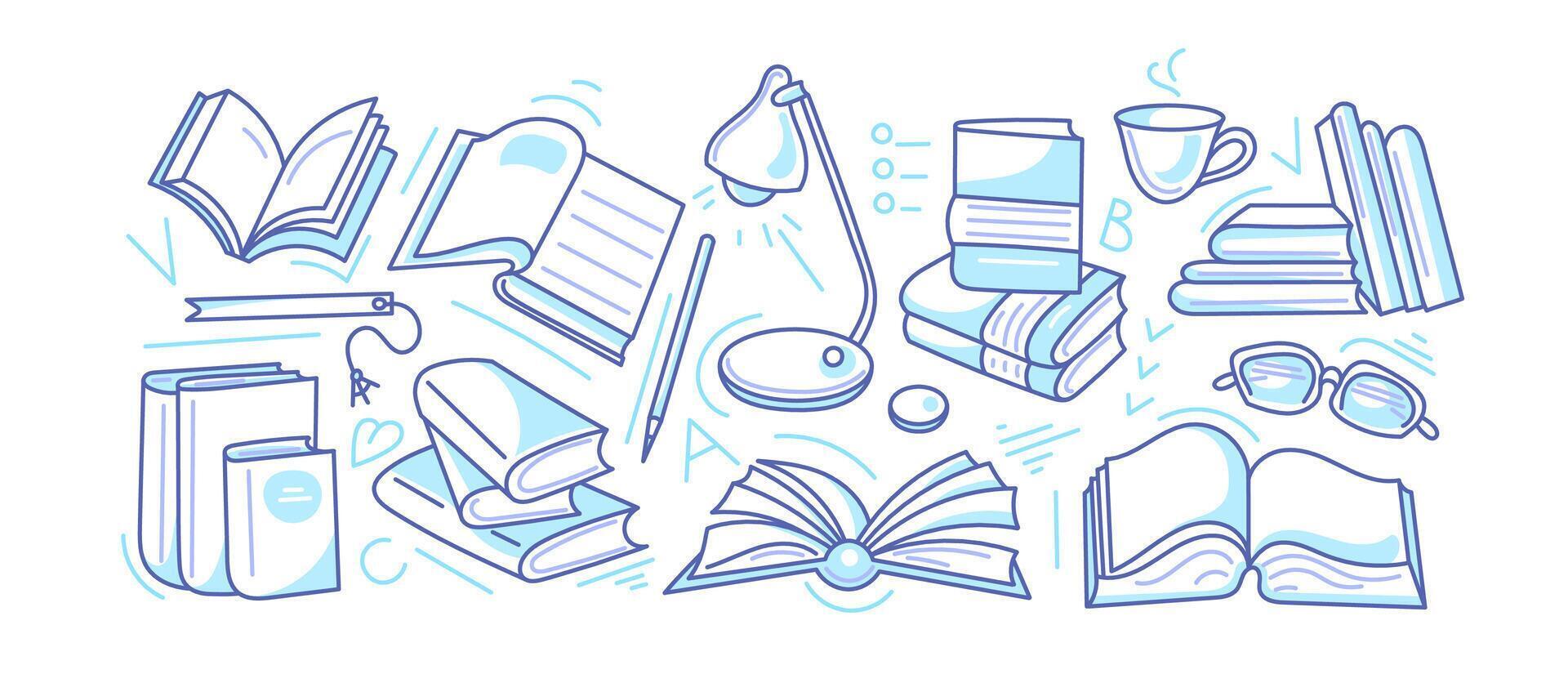 Open and closed books collection. Art line sketch on white background. Library set vector