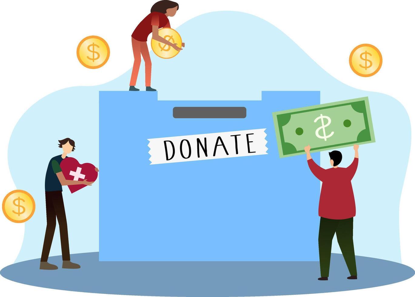 volunteers are doing charity and donation through donation boxes, Financial support concept art, people raising money through the donation box vector