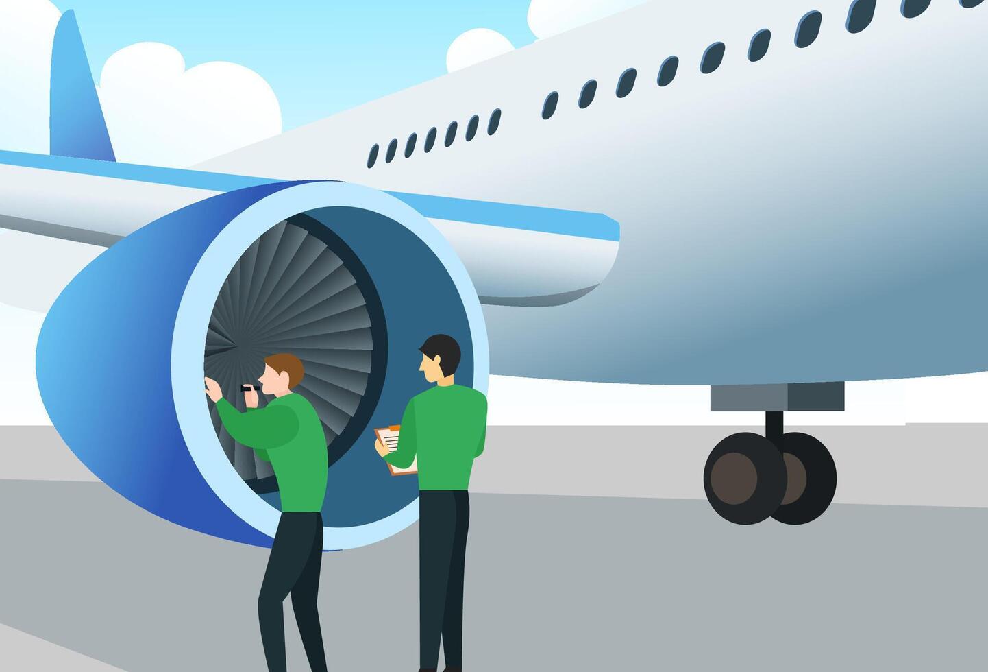airport ground crew doing pre-flight checklist before taking off, Aircraft Engineer Technician doing Maintenance and Repair Services with airplane, industry and transportation vector
