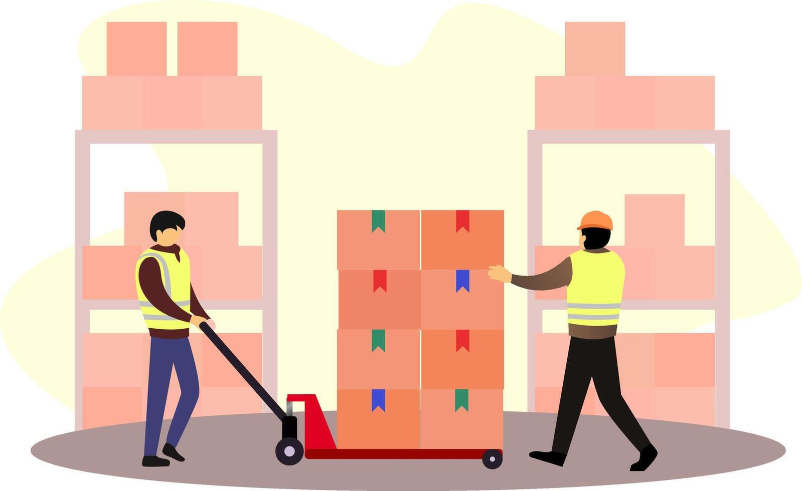 a warehouse employee pulls a load of logistics at the goods warehouse, Manual Hand Fork Lifter, Forklift Manual Logistics vector