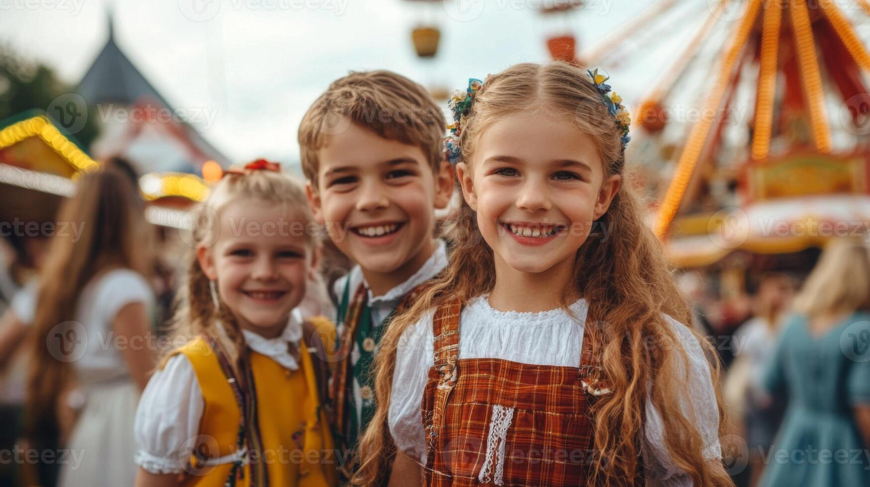 Three Children Smiling Together at a Fair photo
