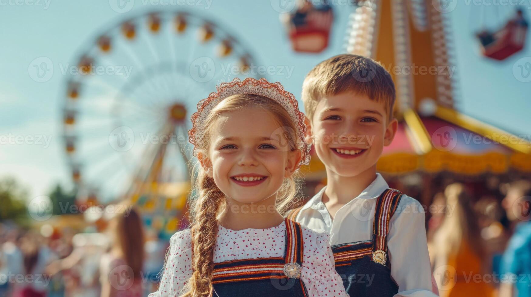 Two Smiling Children in Traditional Folk Dress at a Fairground photo