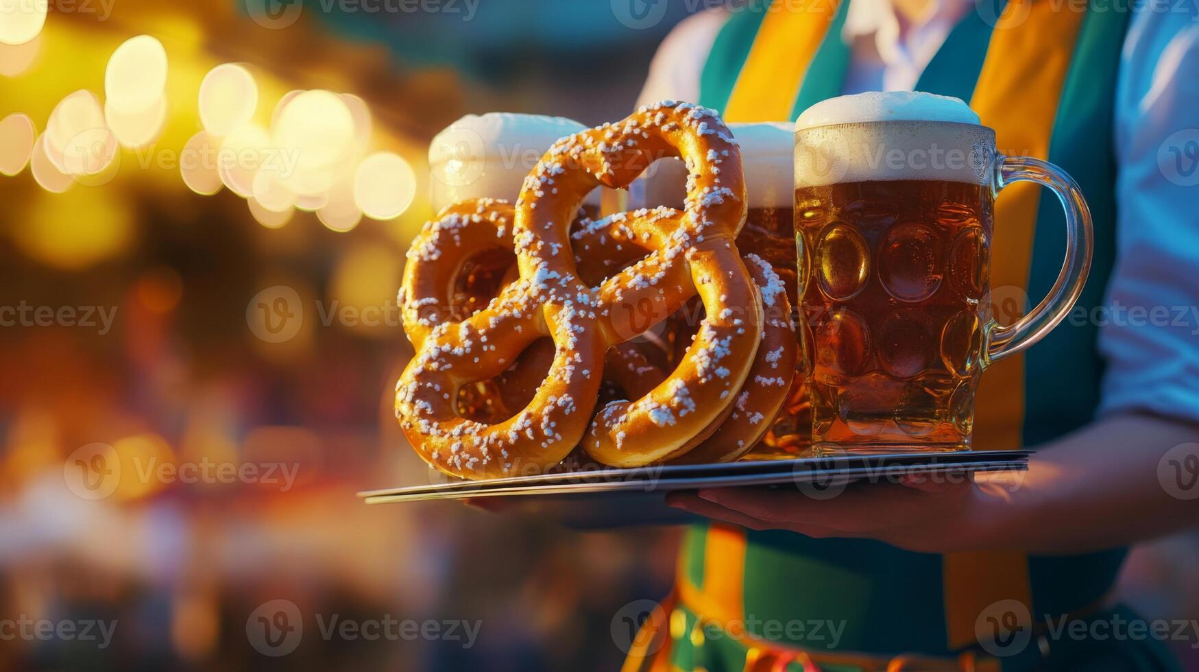 A Close-Up of a Server Holding a Tray with Pretzels and Beer photo