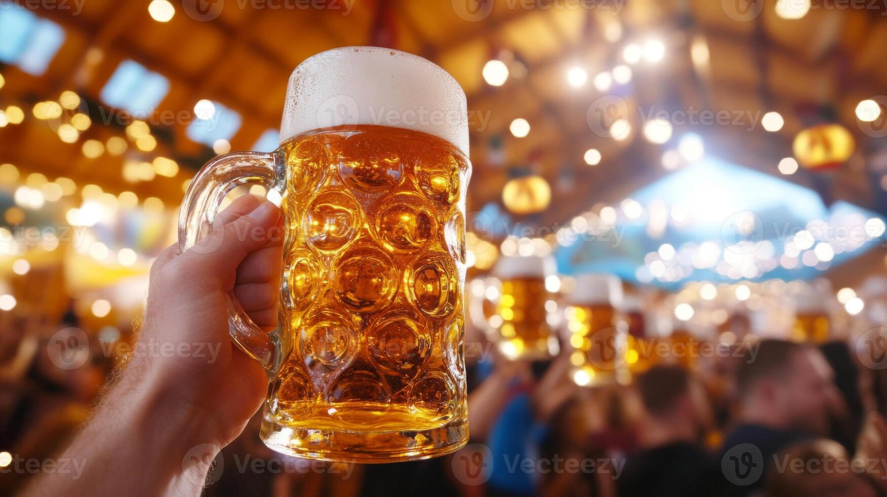 A Hand Holding a Full Beer Mug in a Crowded Festive Setting photo