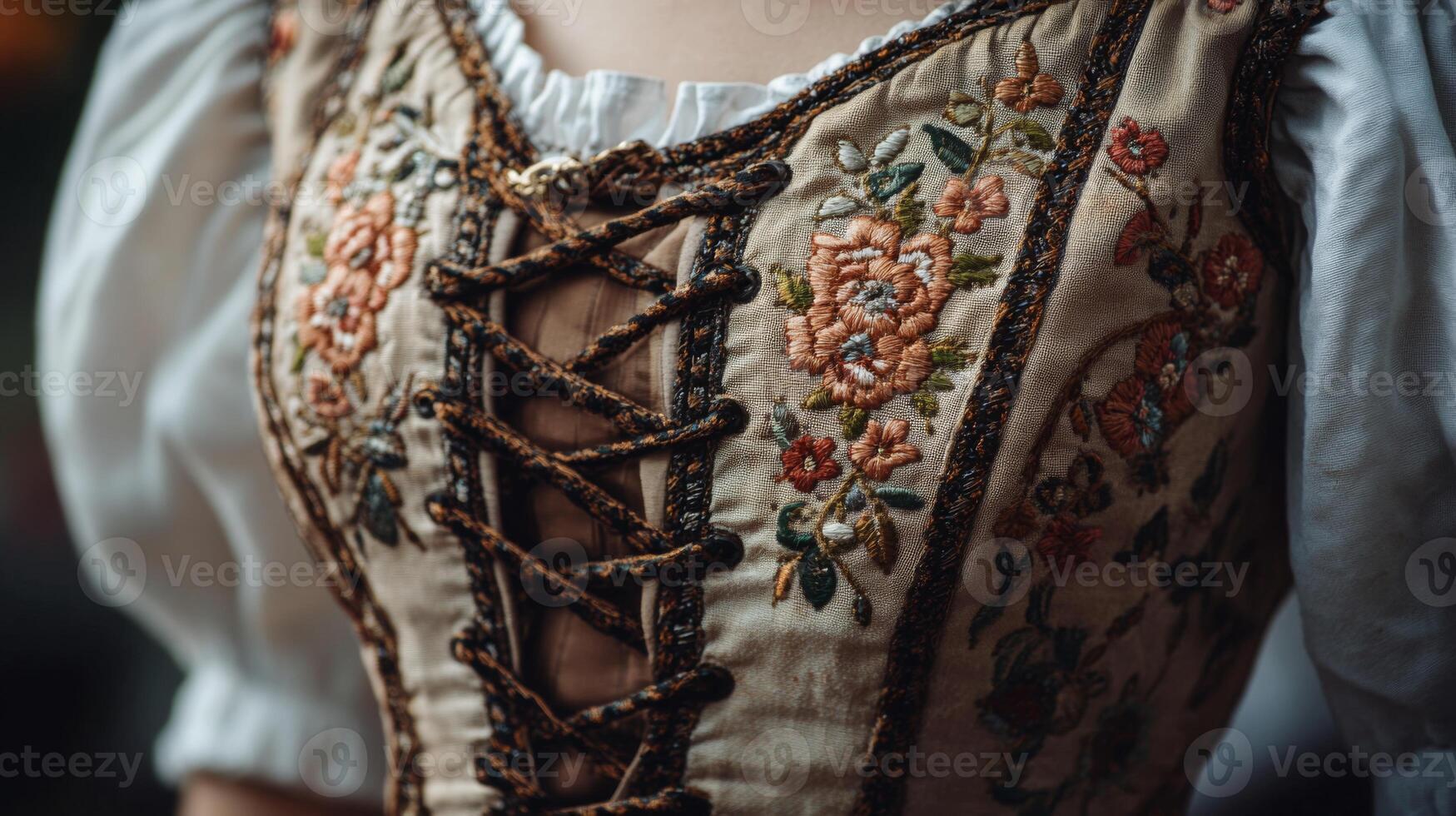 Close-up of a vintage bodice with intricate floral embroidery and lace-up details photo