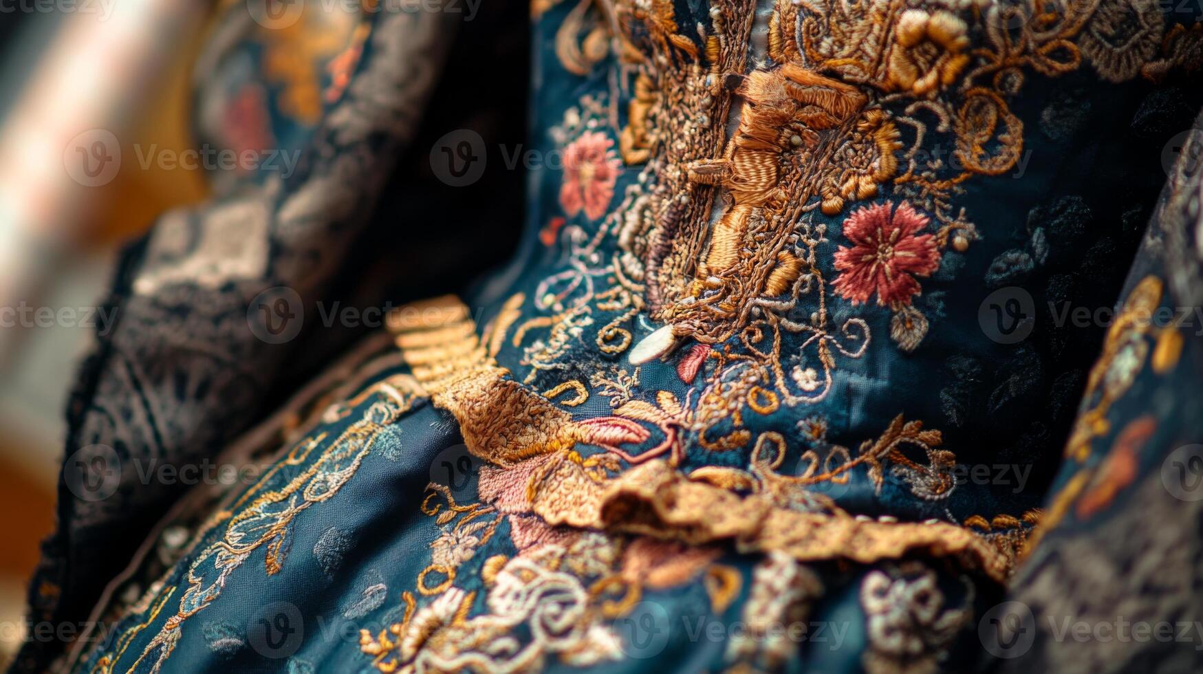 Close-up of Elaborate Embroidered Detail on a Blue Garment photo