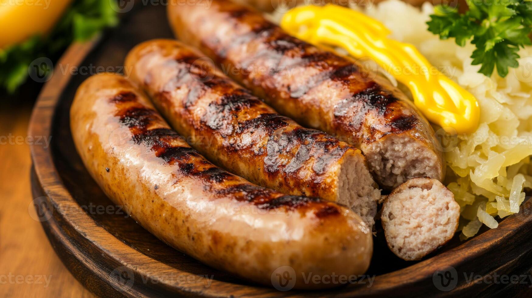 Grilled sausages on a wooden plate with sauerkraut and mustard photo